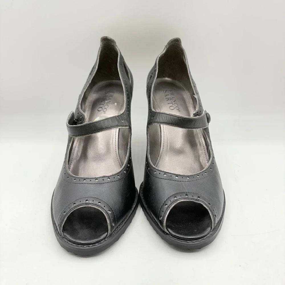 Franco Sarto Black Leather Peep Toe Wedge Mary Jane‎ Heels Brogue Detail Size 9M